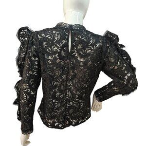 Express Black Lace Goth Romantic Top Size M Ruffled Long Sleeves High Lace Neck